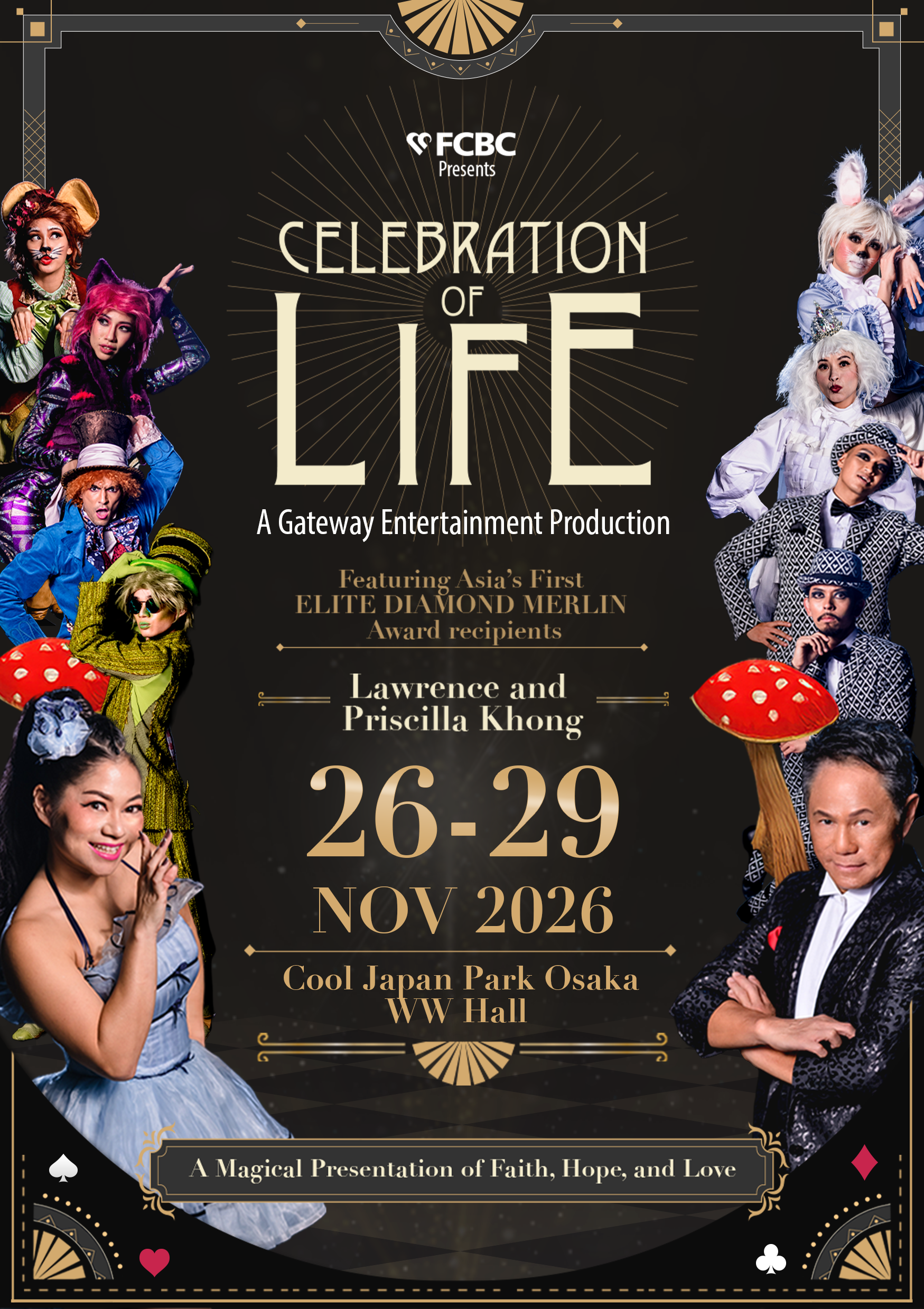 Poster for FCBC's Celebration of Life with costumed performers around a black-gold design; dates 26–29 Nov 2026 in Osaka.